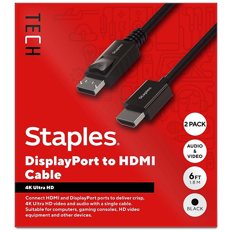 Staples TECH 6 ft. Display Port to HDMI Audio/Video Cable, Male to Male, Black, 2/Pack (ST62466-VB) image 1