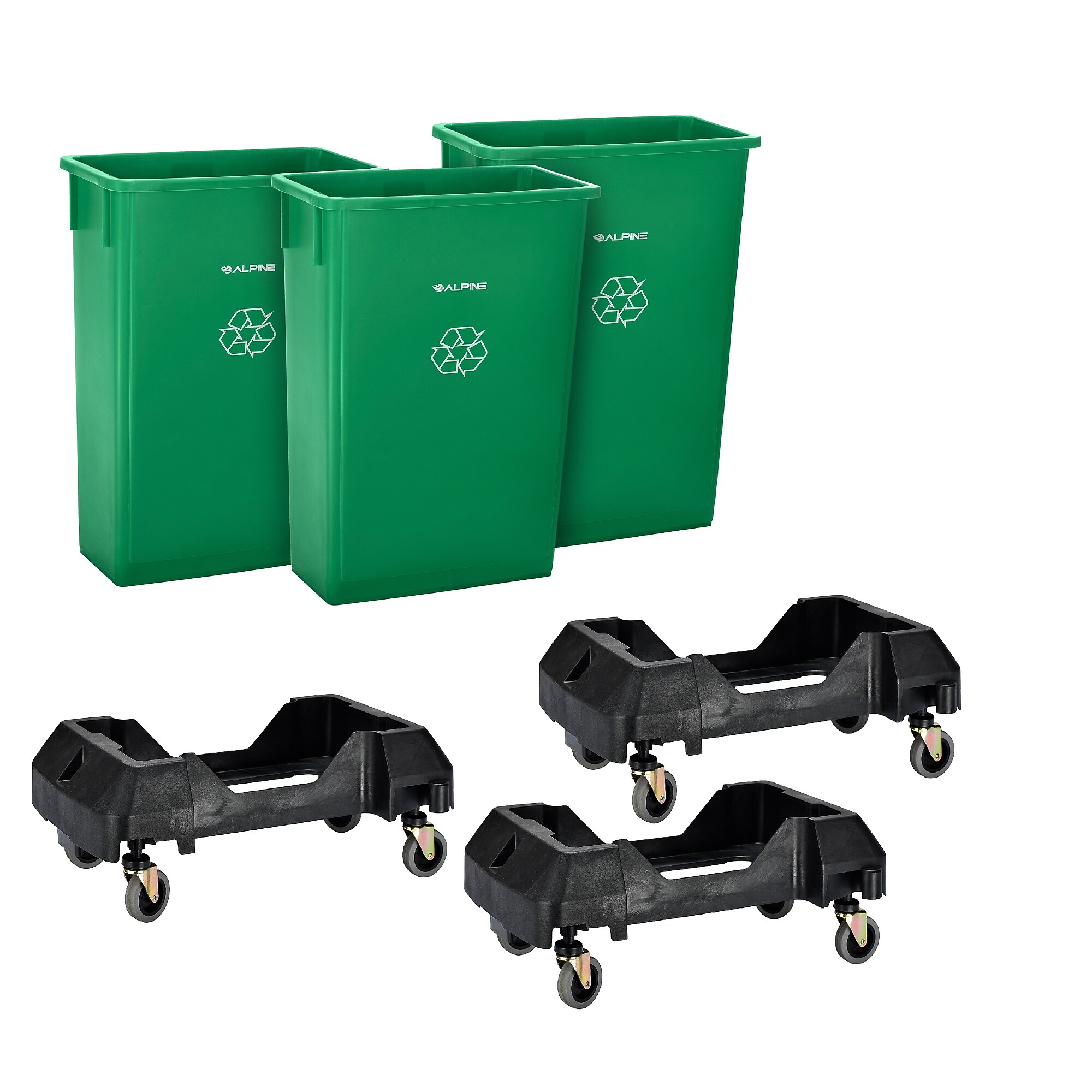 Alpine Industries Polypropylene Recycling Bin and Dolly, 23 Gallon, Green, 3/Pack (ALP477-GRN-3PKD) Sansujyuku sansujyuku.com