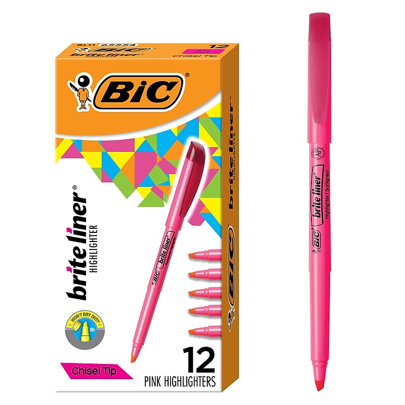 BIC Brite Liner Stick Highlighter, Chisel Tip, Pink, Dozen (65554/BL11PL) image 1