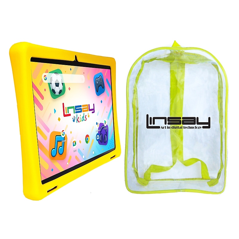 Linsay F10 Series 10.1" Tablet, Wi-Fi, Octa Core, 256GB eMMC, Android 15, with Yellow Kids Defender Case & Backpack image 1