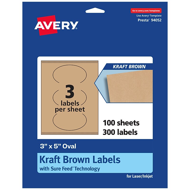 Avery Laser/Inkjet Oval Multipurpose Labels, 3" x 5", Kraft Brown, 300 Labels/Box ( 94052) image 1