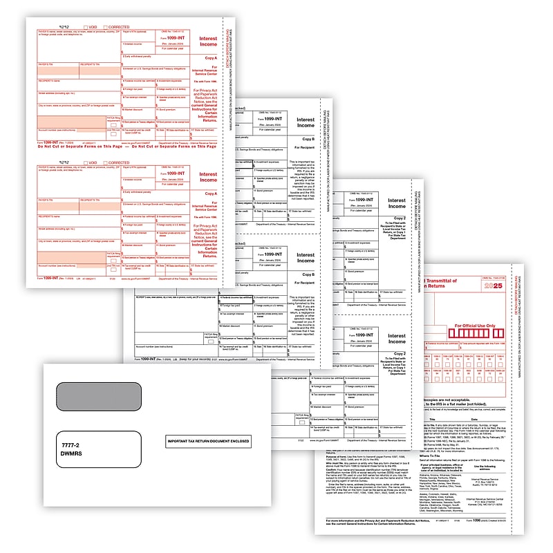 ComplyRight 2025 1099-INT Tax Form Envelopes, 4-Part, 2-Up, Copies A, B, C, 10/Pack (6106E10) image 1