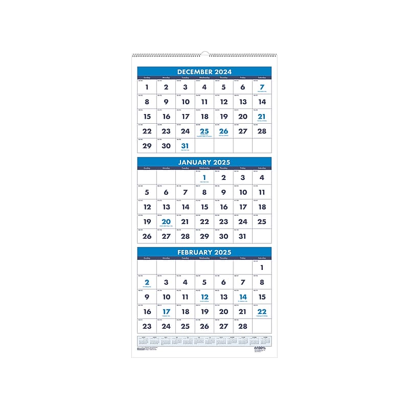 2025 House of Doolittle 8" x 17" Three-Month Wall Calendar, White/Blue (3646-25) image 1