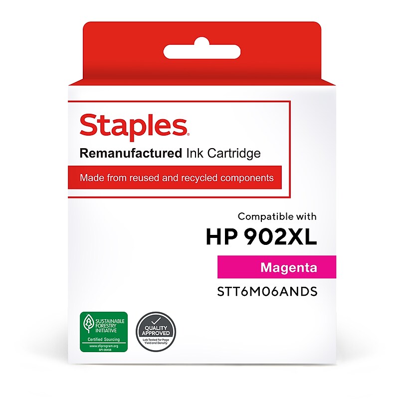Staples Remanufactured Magenta High Yield Ink Cartridge Replacement for HP 902XL (TRT6M06ANDS/STT6M06ANDS) image 1