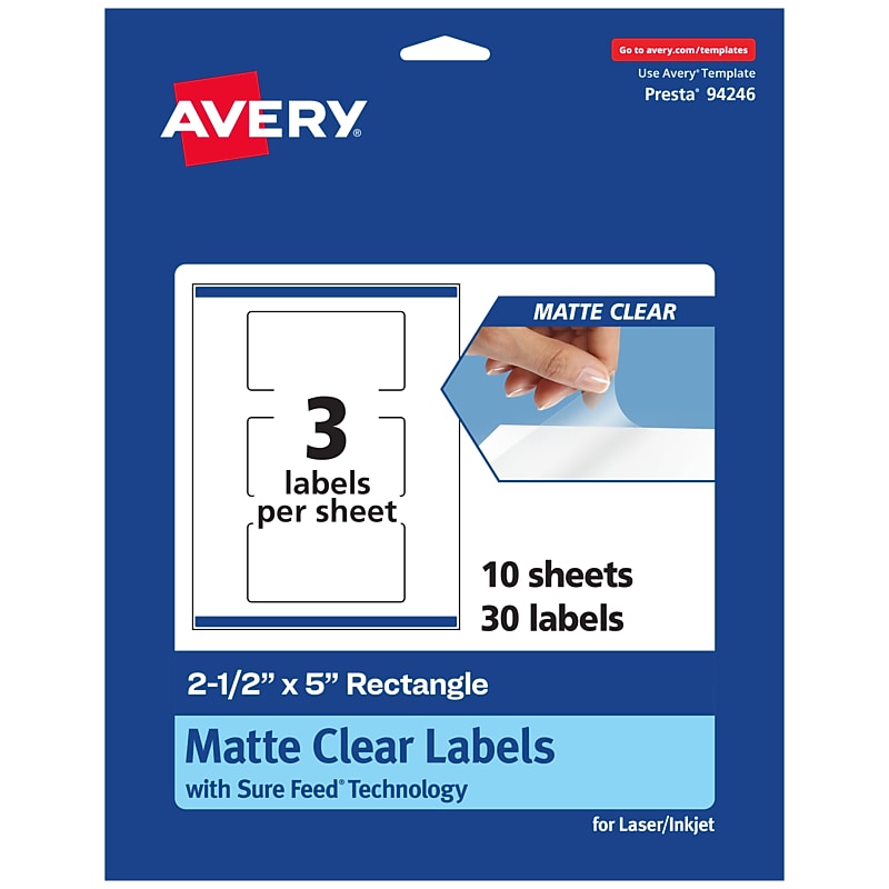 Avery Laser/Inkjet Rectangle Multipurpose Labels, 2-1/2" x 5", Clear, 30/Pack (94246) image 1