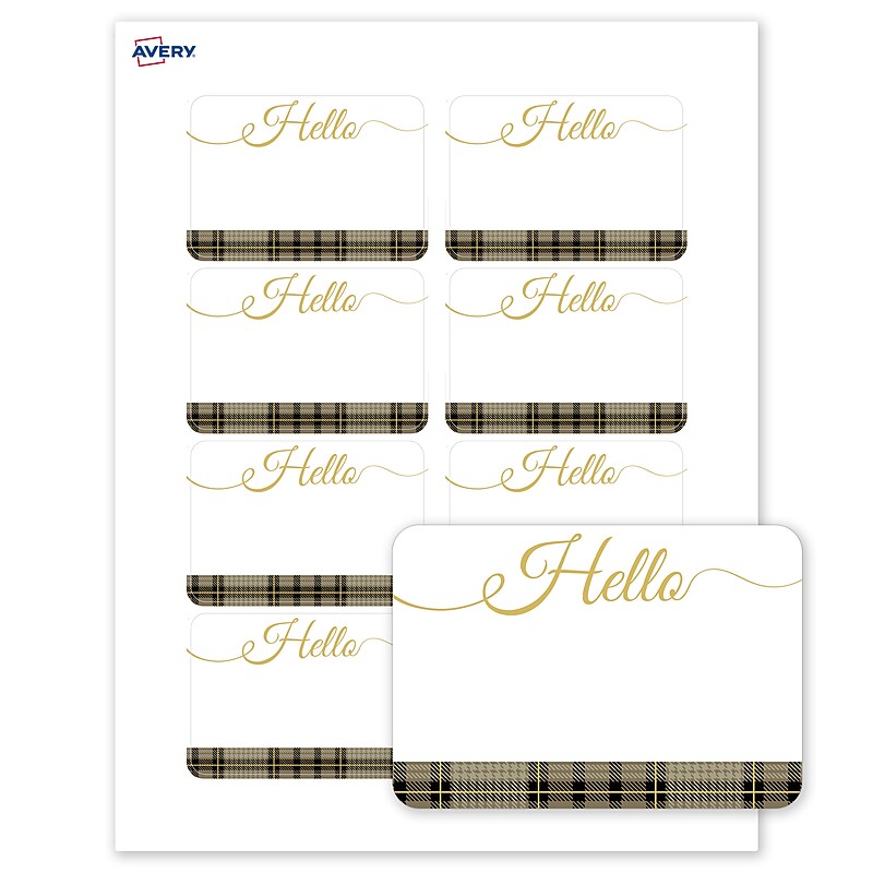 Avery Adhesive Name Tags, Pre-printed Plaid Gold Hello Design image 1