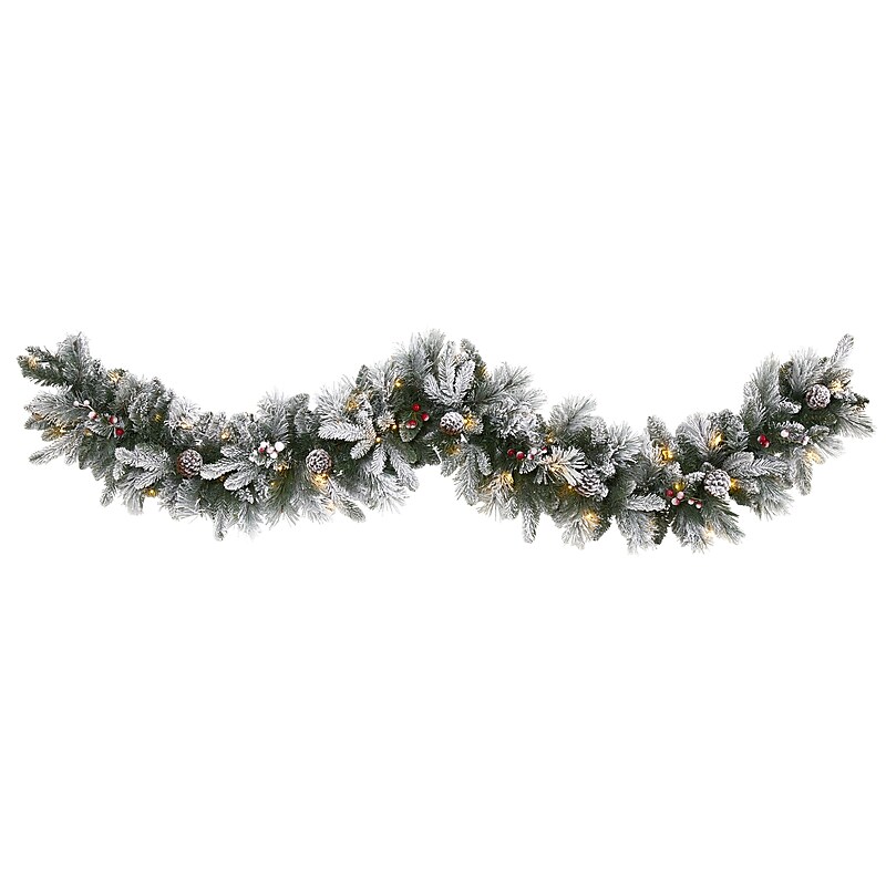 Nearly Natural 6-ft Flocked Mixed Pine Artificial Christmas Garland with 50 LED Lights, Pine Cones and Berries (W1130) image 1