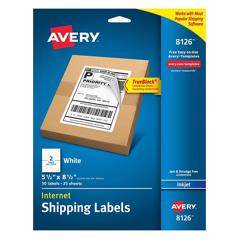 Avery TrueBlock Inkjet Shipping Labels, 5-1/2" x 8-1/2", White, 50 Labels/Pack (8126) image 1