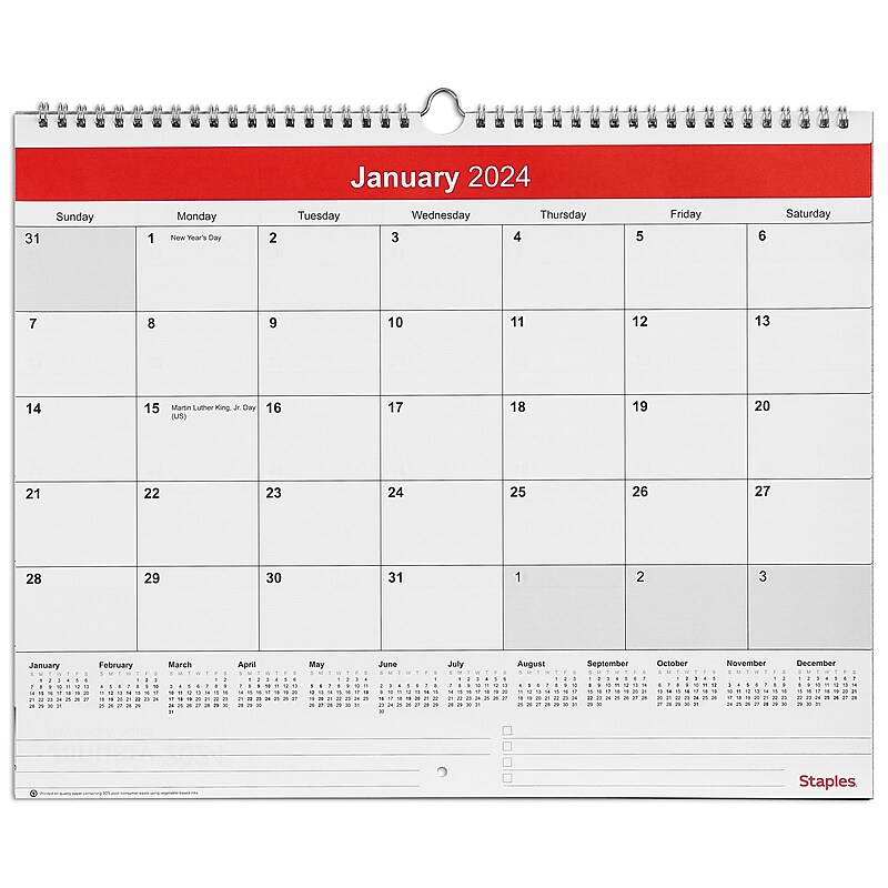2024 Staples 15" x 12" Wall Calendar, Red/White (ST52080-24) image 1