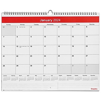 2024 Staples 15" x 12" Wall Calendar, Red/White (ST52080-24)