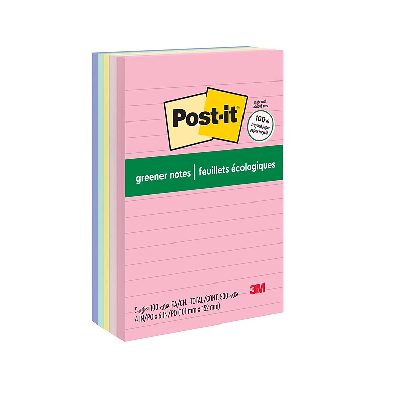 Post-it Greener Recycled Notes, 4" x 6", Sweet Sprinkles Collection, Lined, 100 Sheet/Pad, 5 Pads/Pack (6605PKRPA) image 1