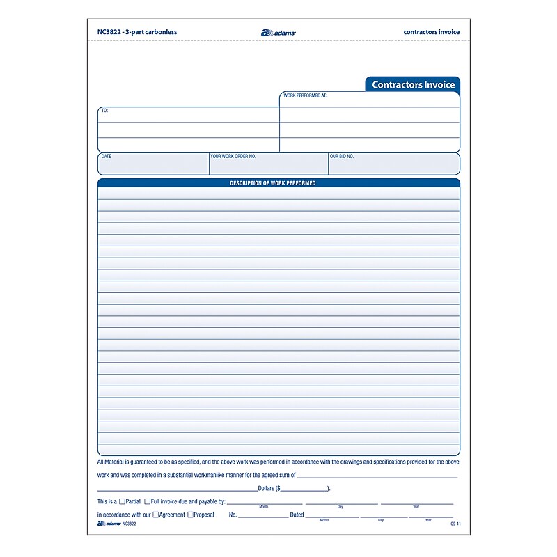 Adams 3-Part Carbonless Contractors Invoice Forms, 8.5"W x 11.44"L, 100/Pack (ABF NC3822) image 1
