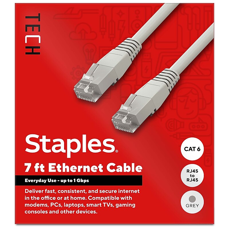 Staples TECH 7 ft. Cat-6 Ethernet Cable, Male to Male, Gray (ST62453) image 1