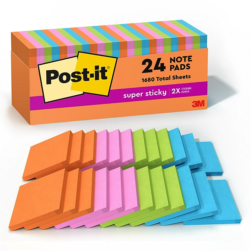 Post-it Super Sticky Notes, 3" x 3", Energy Boost Collection, 70 Sheet/Pad, 24 Pads/Pack (65424SSAUCP) image 1