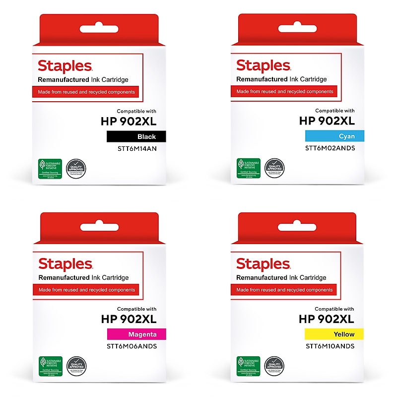 Staples Remanufactured Black/Cyan/Magenta/Yellow High Yield Ink Replacement for HP 902XL, 4/Pack (STT6M14-02-06-10AN4PK-VB) image 1
