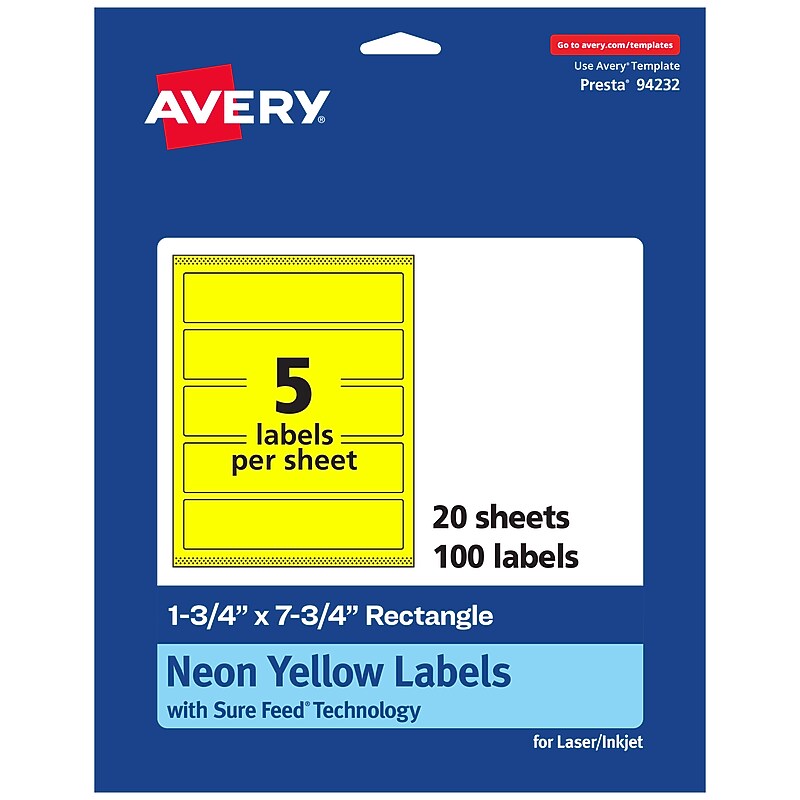 Avery Laser/Inkjet Rectangle Multipurpose Labels, 1.75" x 7.75", Neon Yellow, 100/Pack (94232) image 1