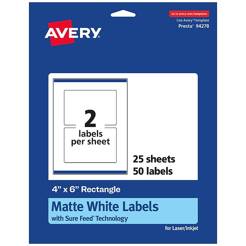 Avery Laser/Inkjet Rectangle Multipurpose Labels, 4" x 6", White, 50 Labels/Pack (94278) image 1