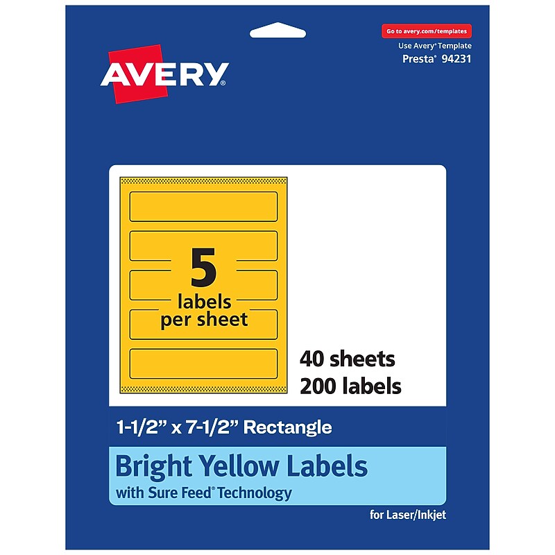 Avery Laser/Inkjet Rectangle Multipurpose Labels, 1.5" x 7.5", Bright Yellow, 200/Pack (94231) image 1
