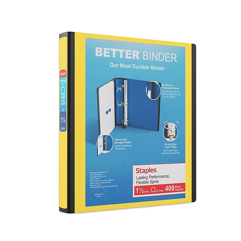 Staples 1 1/2" 3-Ring Better Binder, D-Ring, Yellow (19060) image 1