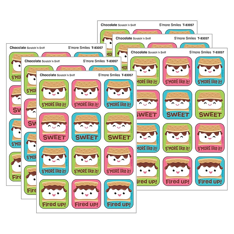 Trend Enterprises S'more Smiles Chocolate Scent Scratch 'n Sniff Stinky Stickers, Multicolored, 48/Pack, 6/Packs/Bundle image 1