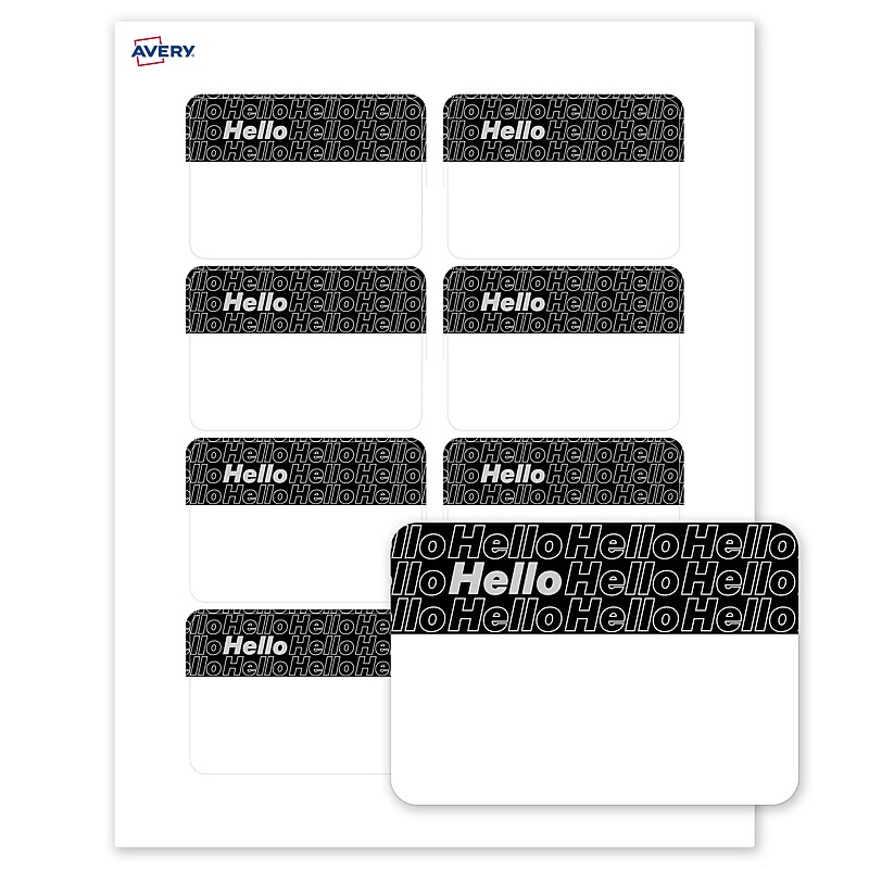 Avery Adhesive Name Tags, Pre-printed Silver/Black Hello Design image 1
