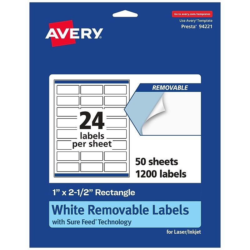 Avery Laser/Inkjet Rectangle Multipurpose Labels, 1" x 2.5", White, 1200 Labels/Box (94221) image 1