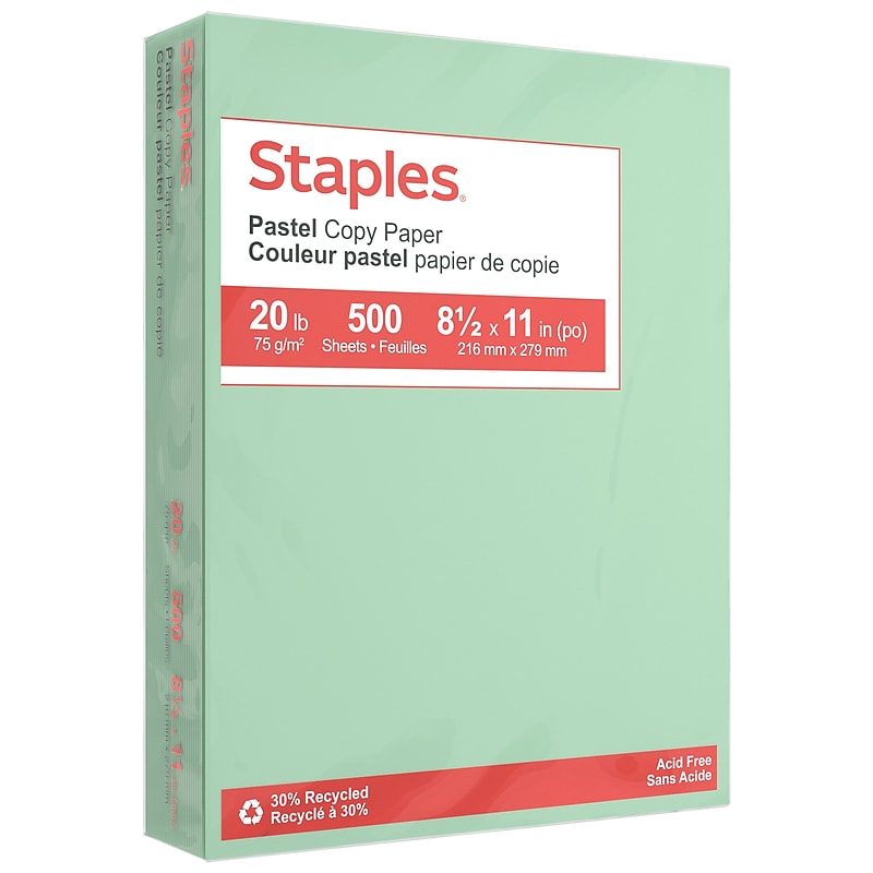 Staples Pastel 30% Recycled Color Copy Paper, 20 lbs., 8.5" x 11", Green, 500/Ream (14781) image 1