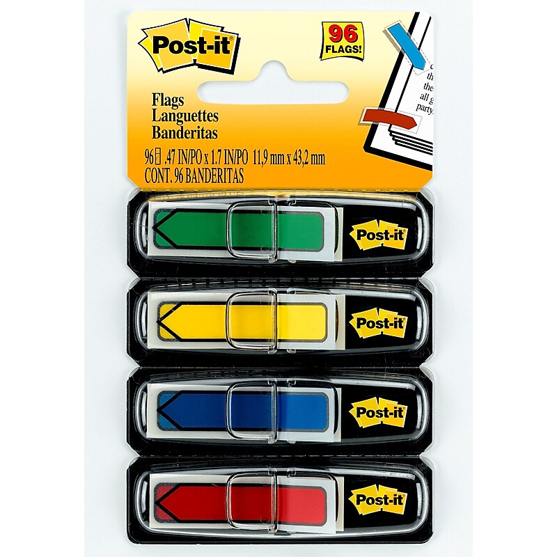 Post-it® Arrow Flags, 0.47" Wide, Assorted Primary Colors, 96 Flags/Pack (684-ARR3) image 1