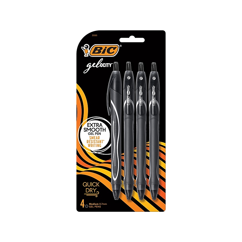 BIC Gel-ocity Quick Dry Retractable Gel Pen, Medium Point, 0.7 mm, Black Ink, 4/Pack (RGLCGP41-BLK) image 1