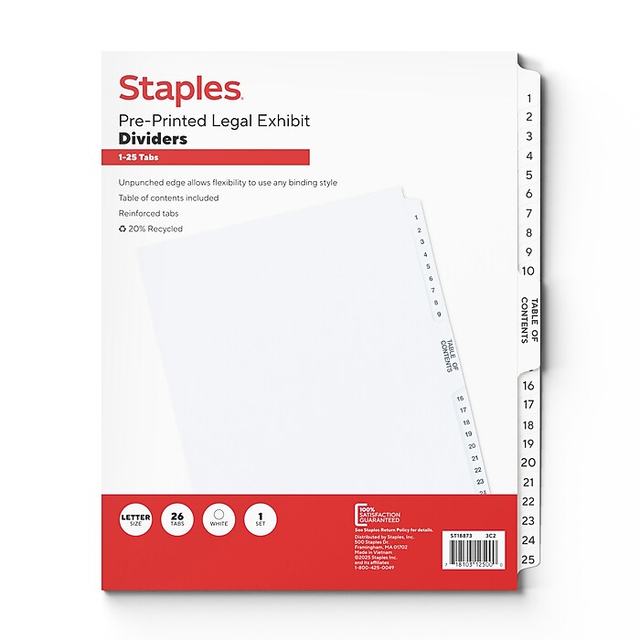 Staples Legal Numeric Exhibit Paper Dividers, 1-25 Tabs, White