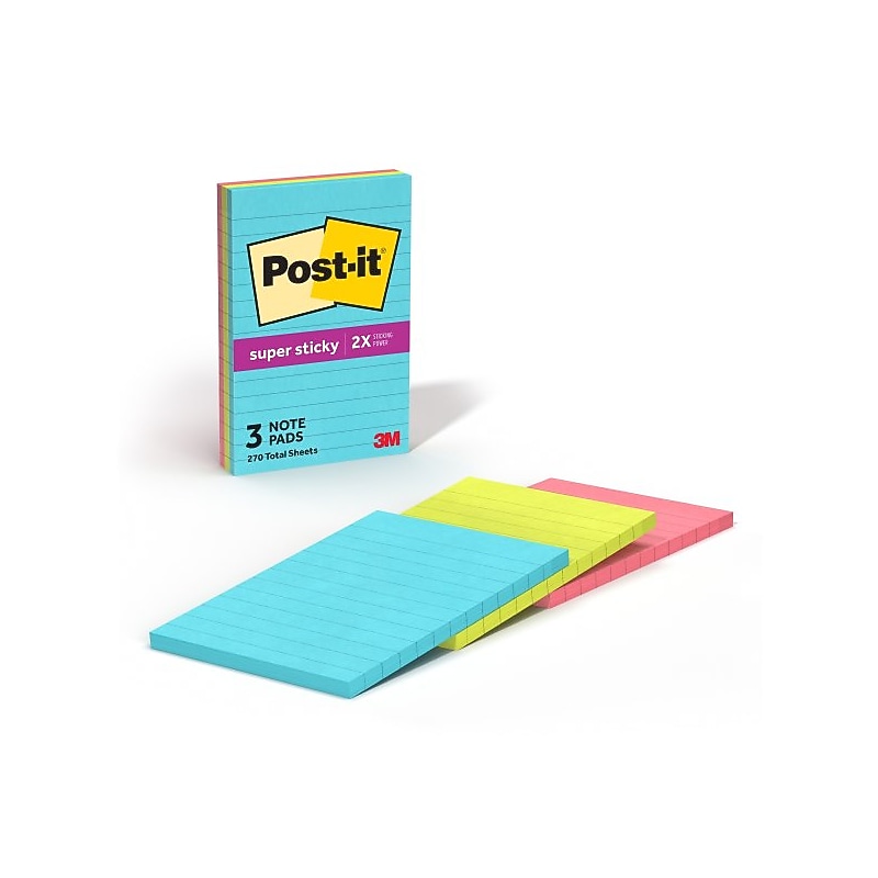 Post-it Super Sticky Notes, 4" x 6", Supernova Neons Collection, Lined, 90 Sheet/Pad, 3 Pads/Pack (660-3SSMIA) image 1
