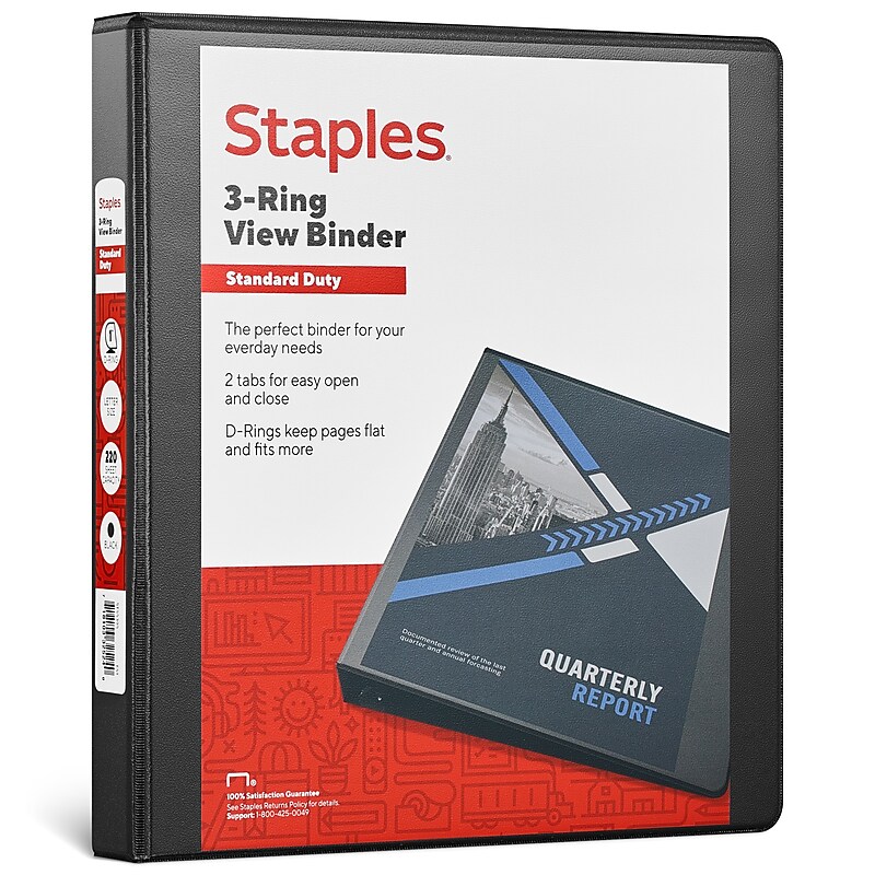 Staples 1" 3-Ring View Binder, D-Ring, Black (55395/26431) image 1