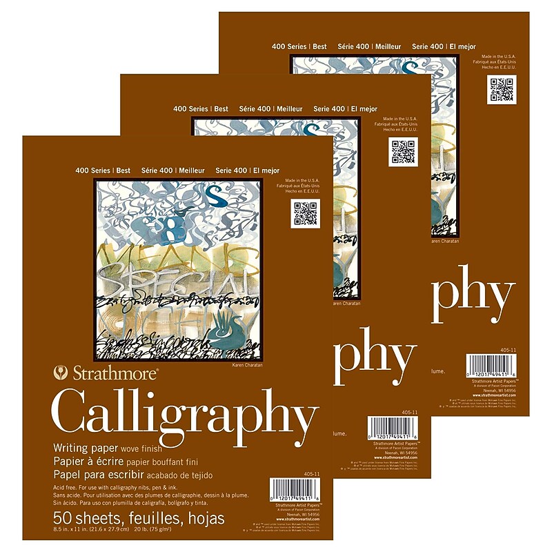 Strathmore 400 Series 8.5" x 11" Tape Bound Calligraphy Paper Pad, 50 Sheets/Pad, 3 Pads/Bundle (STTP405111-3) image 1