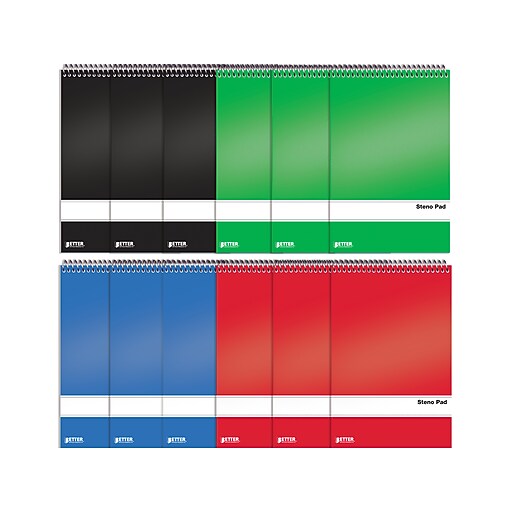 Better Office Steno Pads, 6" x 9", GreggRuled, Assorted Colors, 80 Sheets/Pad, 12 Pads/Pack