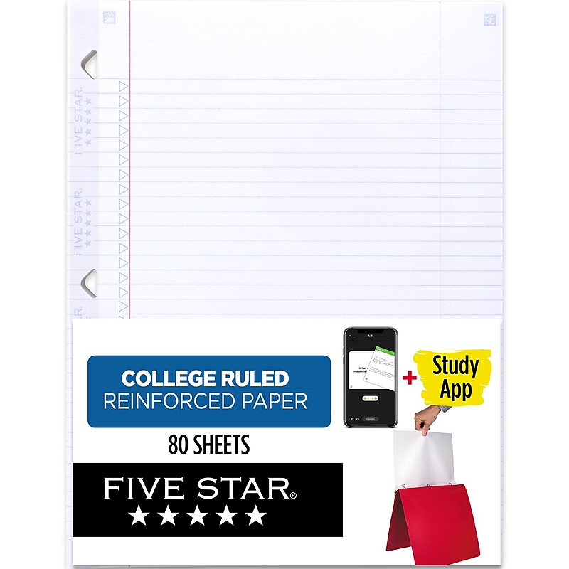Five Star Reinforced College Ruled Filler Paper, 8.5" x 11", 3-Hole Punched, 80 Sheets/Pack (170102/170035) image 1