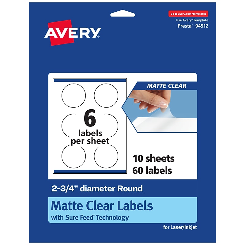 Avery Laser/Inkjet Circle Multipurpose Labels, 2-3/4" Dia., Clear, 60/Pack (94512) image 1