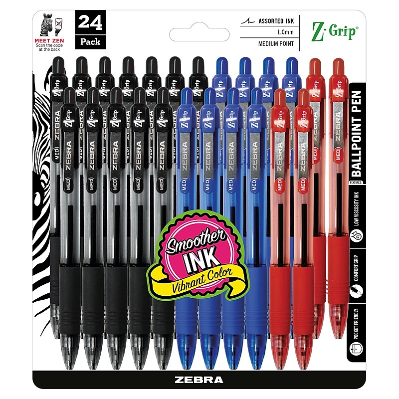 Zebra Z-Grip Retractable Ballpoint Pen, Medium Point, 1.0mm, Assorted Ink, 24 Pack (12224) image 1