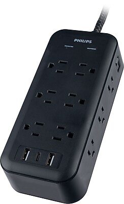 Philips 12-Outlet 3-USB Port Surge Protector, 8′, 3120 Joules, Black (SPP3145B/37) Simolary simolary.com
