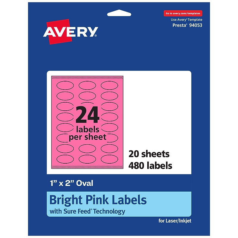 Avery Laser/Inkjet Oval Multipurpose Labels, 1" x 2", Bright Pink, 480/Pack (94053) image 1