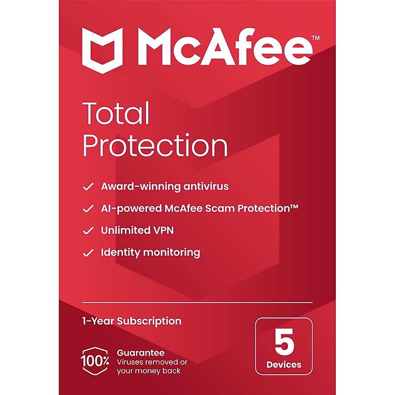 McAfee Total Protection for 5 Users, Windows/Mac/Android/iOS/ChromeOS, Product Key Card (MTP21EST5RFLM) image 1
