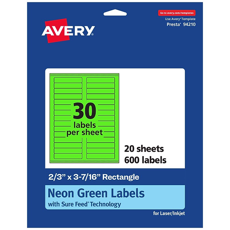 Avery Laser/Inkjet Multipurpose Rectangle Labels, 2/3" x 3-7/16", Neon Green, 600/Pack (94210) image 1