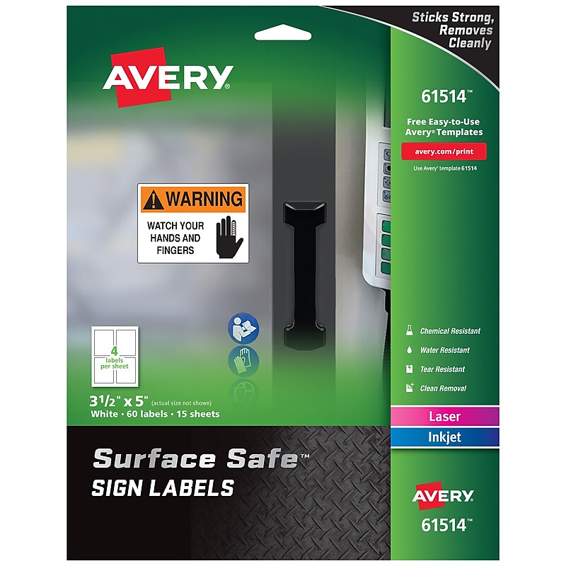 Avery Surface Safe Laser/Inkjet Label Safety Signs, 3 1/2" x 5", White, 60 Labels/Pack (61514) image 1