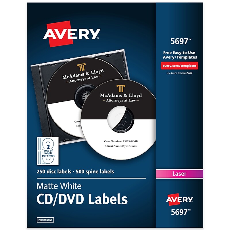 Avery Laser CD Labels, White, 2 Labels/Sheet, 125 Sheets/Pack, 250 Labels/Pack (5697) image 1
