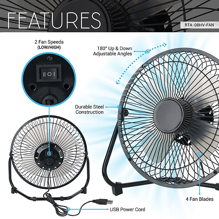 Techni Home 8” Desk Fan, 2 Speed, Black (RTA-08HV-FAN) | Staples