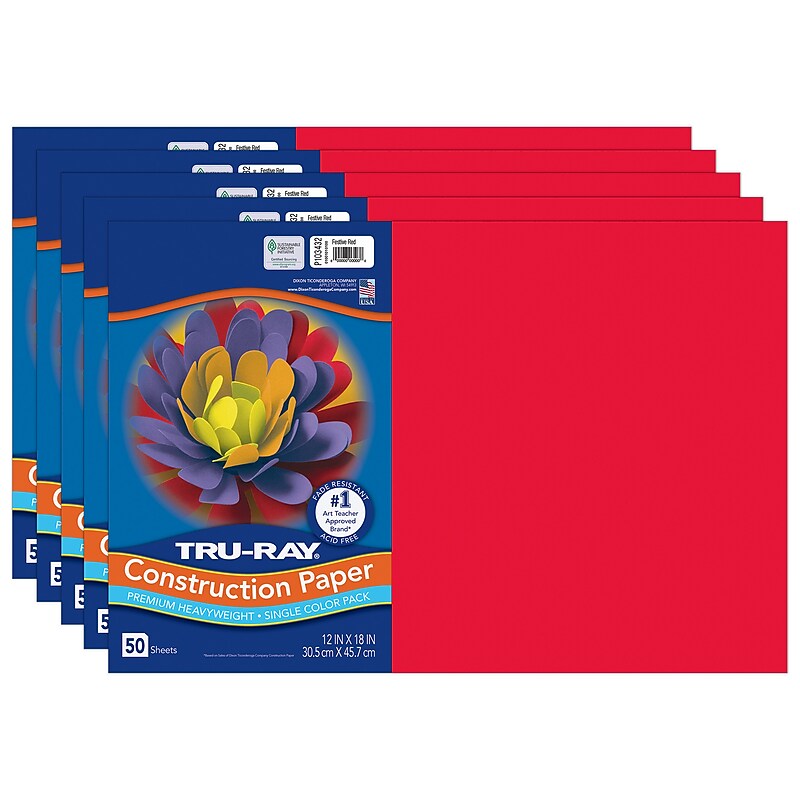 Tru-Ray 12" x 18" Construction Paper, Festive Red, 50 Sheets/Pack, 5 Packs/Bundle (PAC103432-5) image 1
