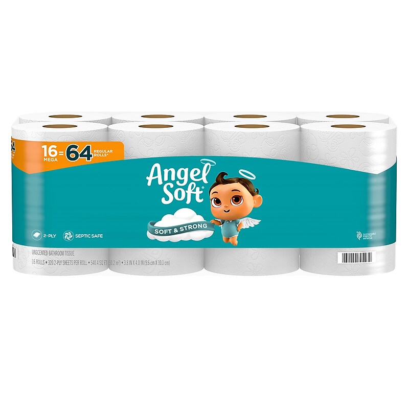 Angel Soft & Strong Mega Toilet Paper, 2-ply, White, 320 Sheets/Roll, 16 Rolls/Case (79423/02/01) image 1