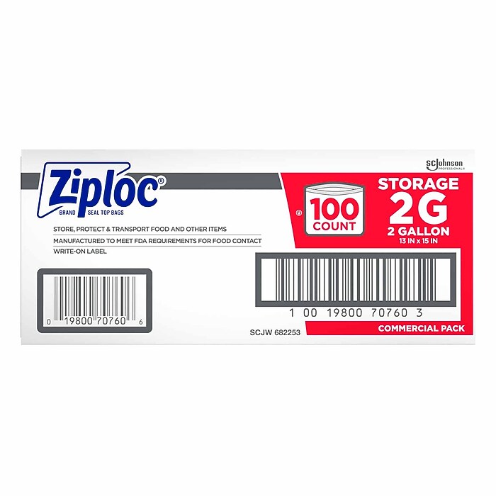 Ziploc Double Zipper Storage Bags, 2 Gallon, 100 Bags/Carton
