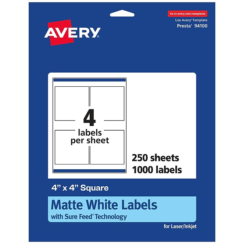 Avery Laser/Inkjet Multipurpose Labels, 4" x 4", Matte White, 1,000 Labels/Box (94100) image 1