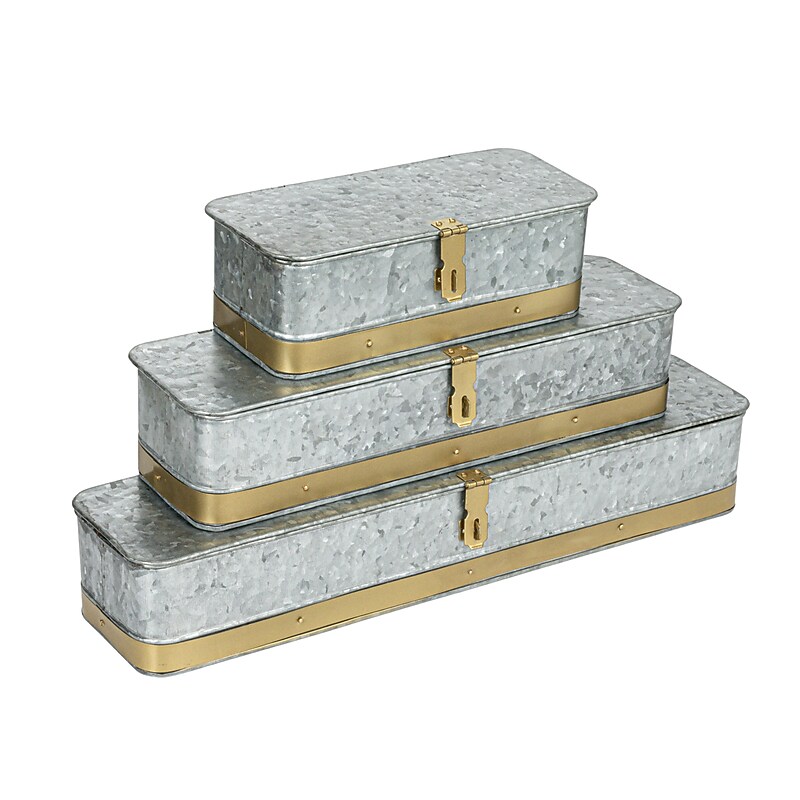 Storied Home Decorative Metal Boxes with Hinged Lid, Silver, 3/Pack (EC1658) image 1