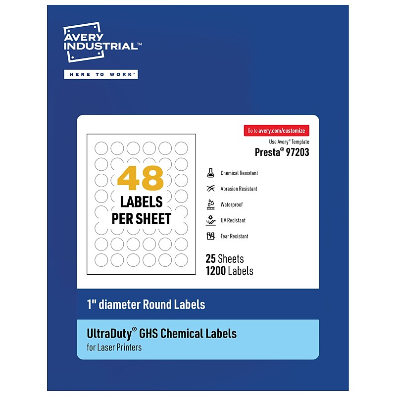 Avery Laser Round UltraDuty GHS Labels, 1" Dia., White, 1200 Labels/Pack (97203) image 1